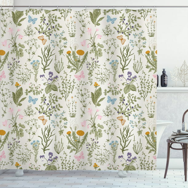 Herbs Flowers Botanical Classic, Pink Blue And Green Shower Curtain