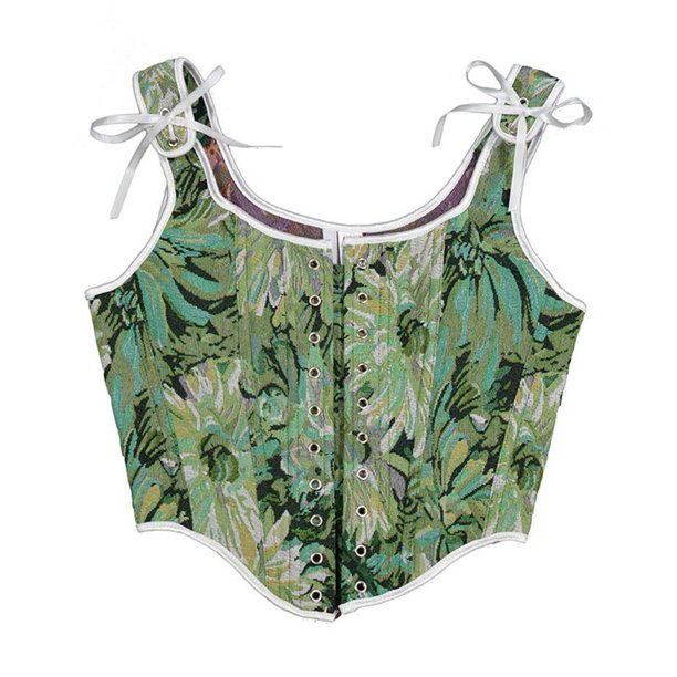 Camisola moldeadora de cintura con encaje y lazo sin espalda con estampado de flores para mujer, top de poliéster