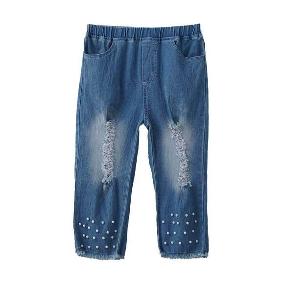 Aislor Kids Girls Elastic Waistband Ripped Holes Stretch Denim Jeans High Waist Cropped Trousers