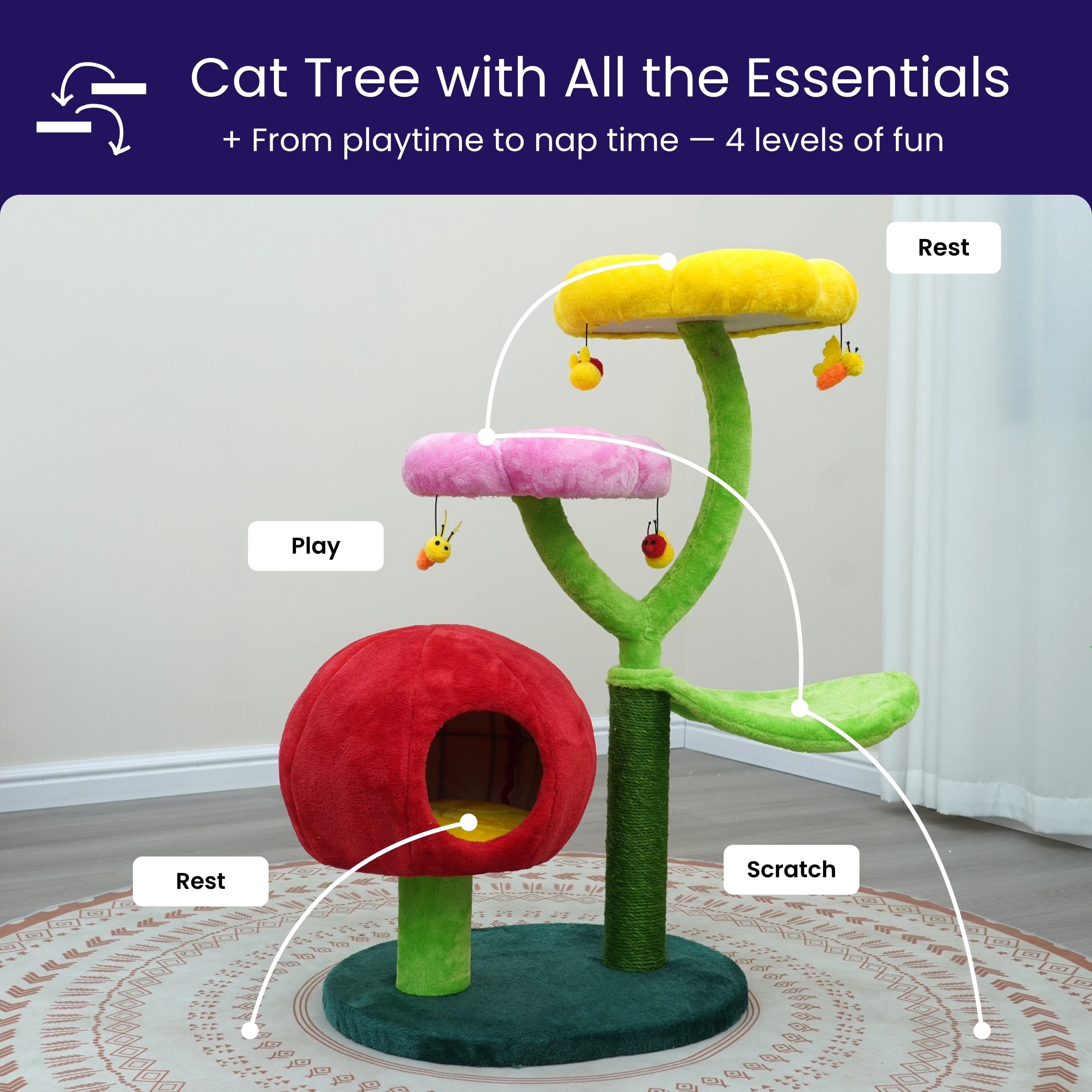 Catry Mushroom Flower Cat Tree with Hammock, Replaceable Sisal Scratching Post, Fruit Hideaway Condo