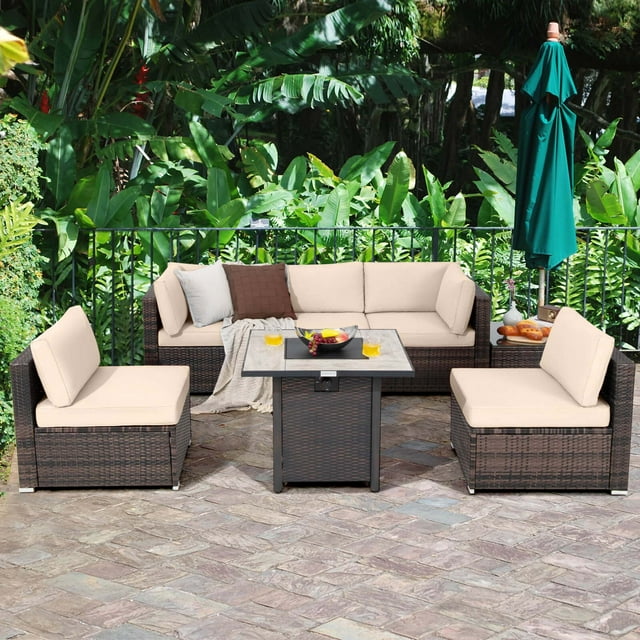Costway Ensemble de Mobilier de Patio en Rotin 7 Pcs Housse de Table à Foyer 30 Pouces Coussin Canapé Brun