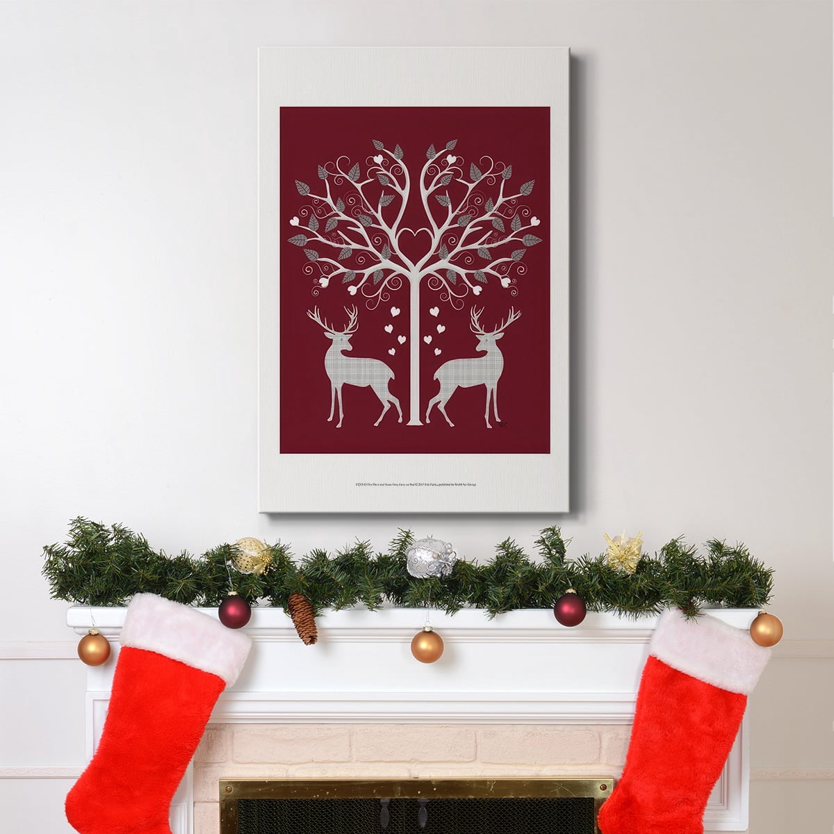 Christmas Des - Deer and Heart Tree, Grey on Red- Gallery Wrapped Canvas