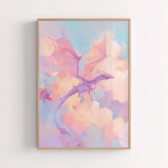 Pink Dragon Nursery Poster: Whimsical Room Wall Art, Unframed Canvas Size 16x24