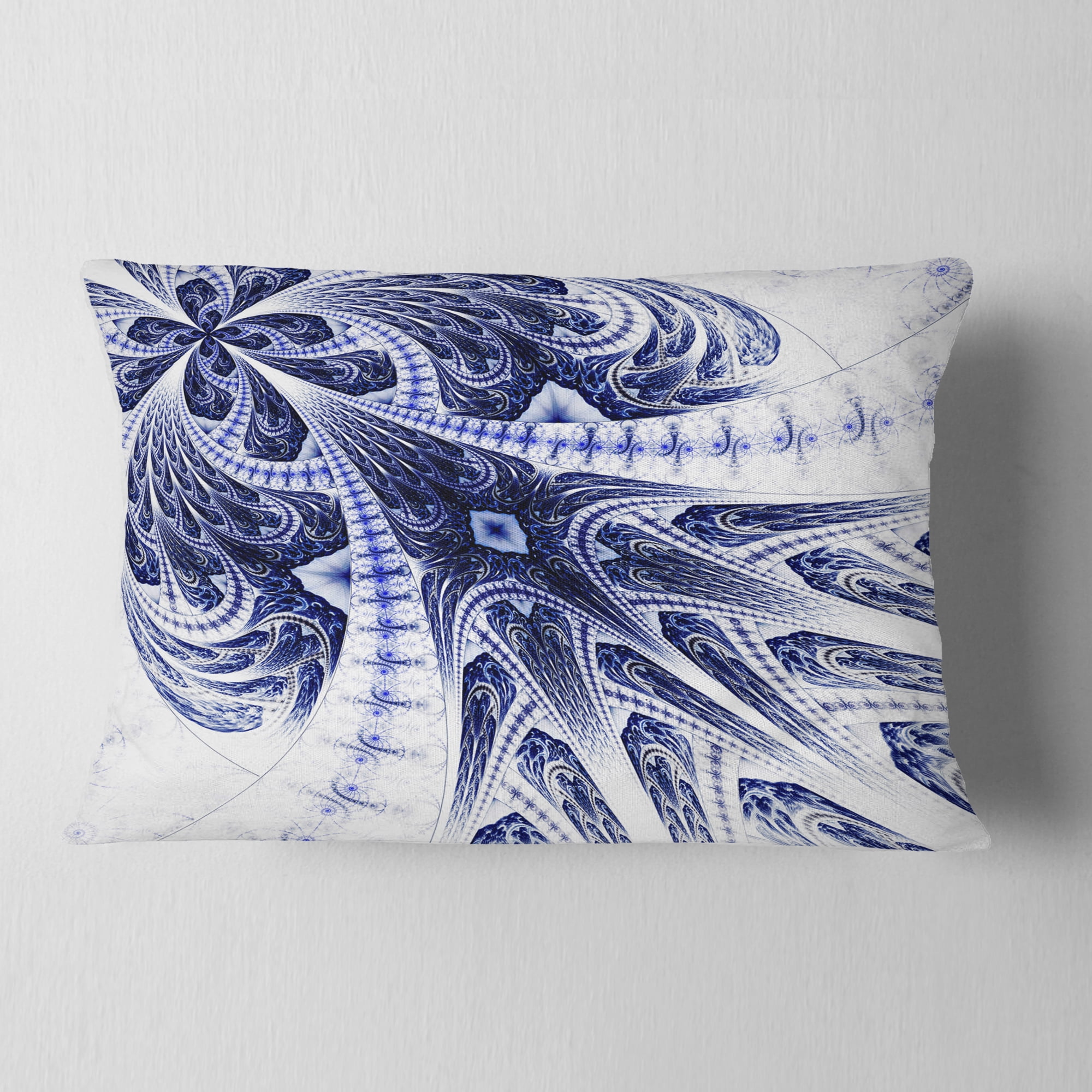 Designart Symmetrical Dark Blue Fractal Flower - Floral Throw Pillow - 12x20
