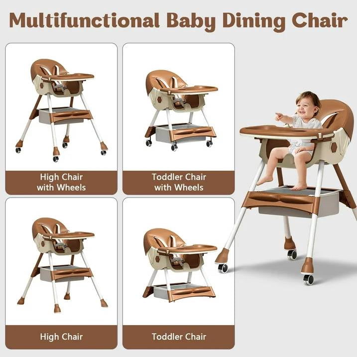 JieC Baby High Chair, 4 in 1 Convertible Highchair for Babies & Toddlers, Double Tray Dining Chair with 5-Point Harness & Silent Wheel,Brown