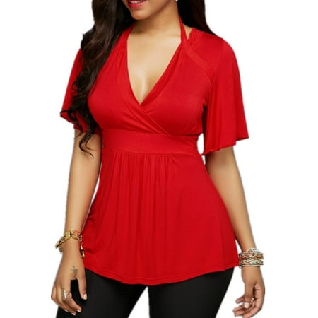 Womens Solid Tunic High Wasit Cross Ruffled Halter Neck Casual T Shirt Summer Blouses Tops
