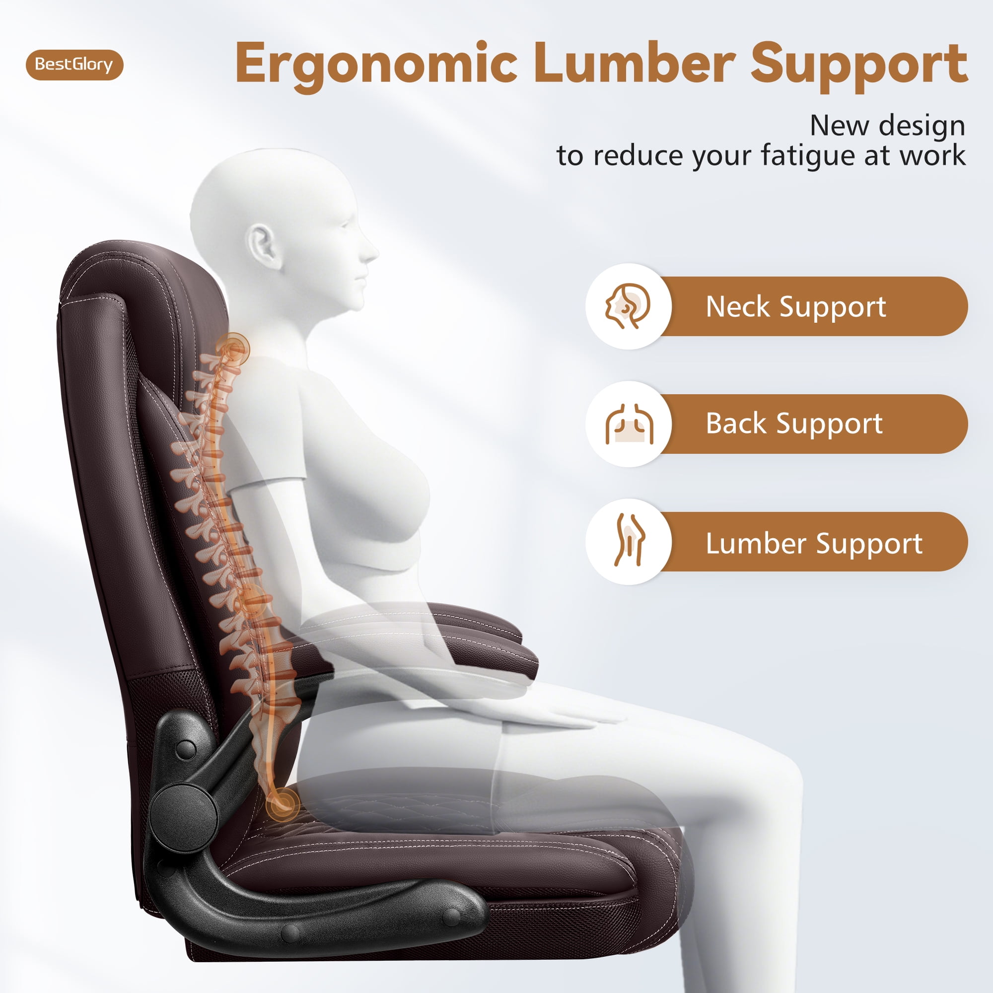 FASTES Ergonomic Office Chair, Desk Chair with High Back Flip-up Armrests Big and Tall Gaming Leather Chair with Rocking Function 2 Reclining Position,Coffee