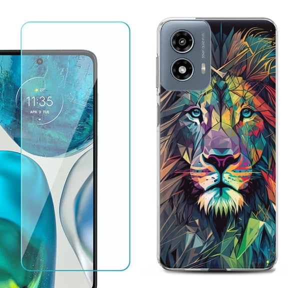OneToughShield ® Shockproof Phone Case Compatible with Motorola Moto G Power 5G 2024, with Tempered Glass Screen Protector - Geometric Lion