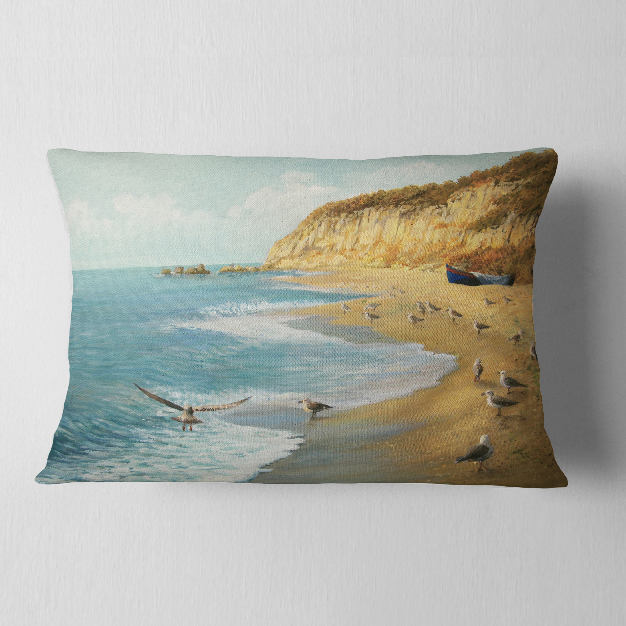 Designart The Calm Beach - Landscape Painting Throw Pillow - 12x20
