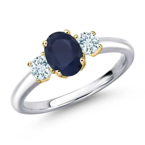 Gem Stone King 925 Silver and 10K Yellow Gold Blue Sapphire and Sky Blue Aquamarine Engagement Ring for Women | 1.34 Cttw | Oval 7X5MM | Gemstone September Birthstone | Size 9