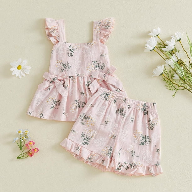 Conjuntos de camiseta sin mangas con cuello redondo para niña, conjunto de dos piezas de poliéster, informal, sin mangas, con estampado floral y pantalones cortos