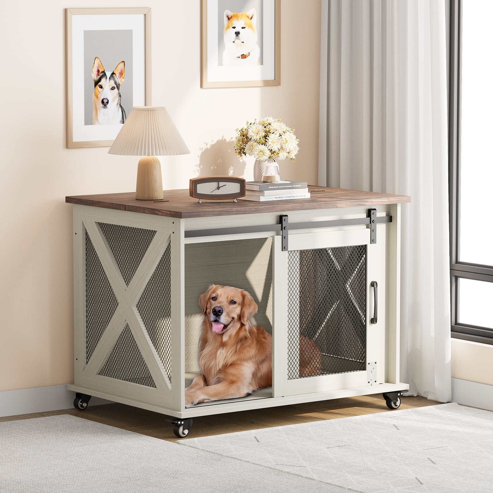 Farmhouse Chic: 37" Dog Crate as Home Decor | Stylish Sliding Door Kennel That Enhances Your Living Space
