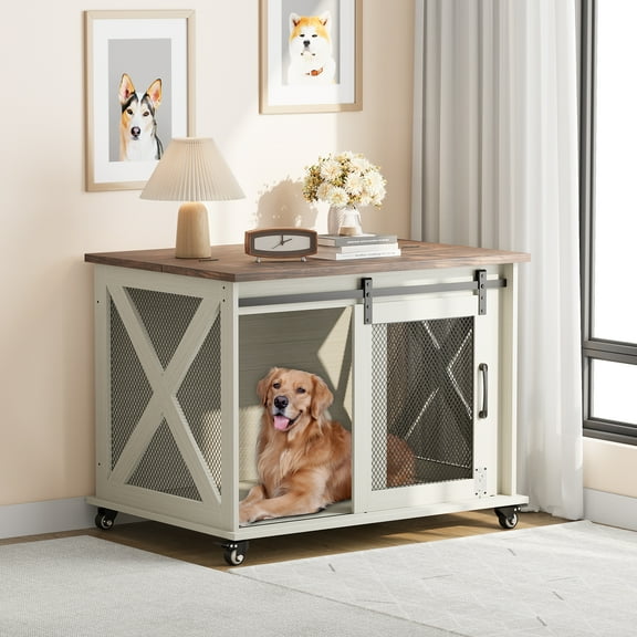 KOKEBREN 37-Inch Dog Crate Furniture End Table with Flip-Top Lid, Wooden Kennel with Removable Divider & 4 Wheels, Multi-Functional Pet Home for Large Dogs,White