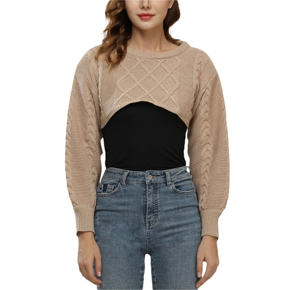 Qiylii Women Cable Knit Crop Tops, Long Lantern Sleeve Solid Color Shirts