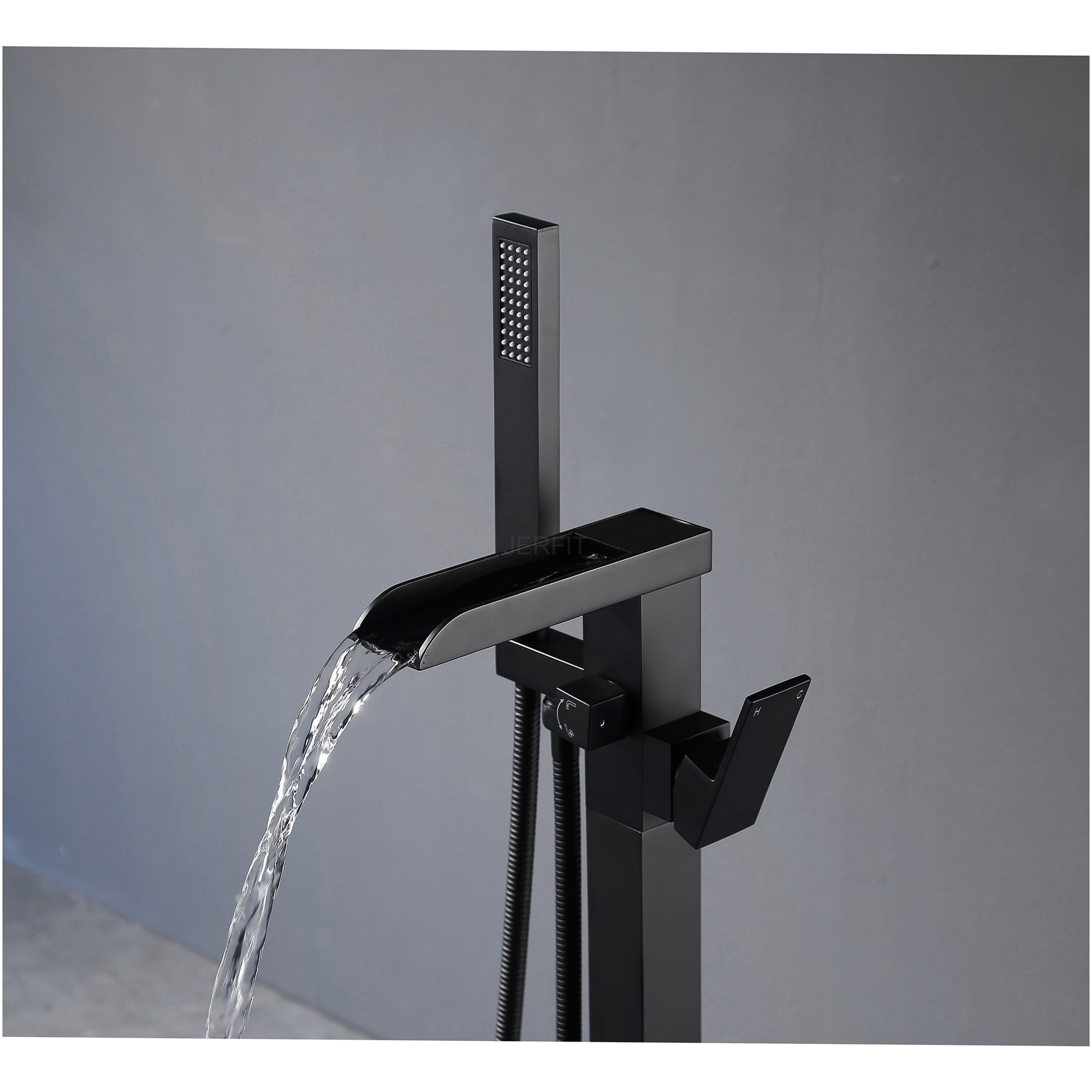 JERFIT Matte Black Freestanding Tub Filler with Hand Shower, Single Handle Floor Mount Waterfall Bathtub Faucet