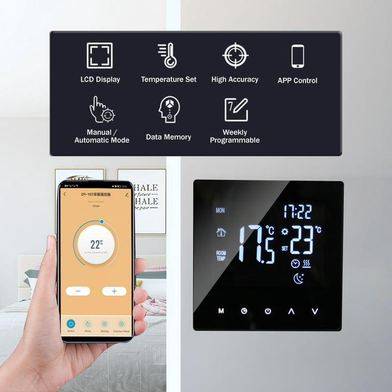 WiFi Smart Heat Pump Room Thermostat Temperature Controller 4.8 inch Color LCD Screen Programmable Touch Control/ Mobile App/ Voice Control Compatible