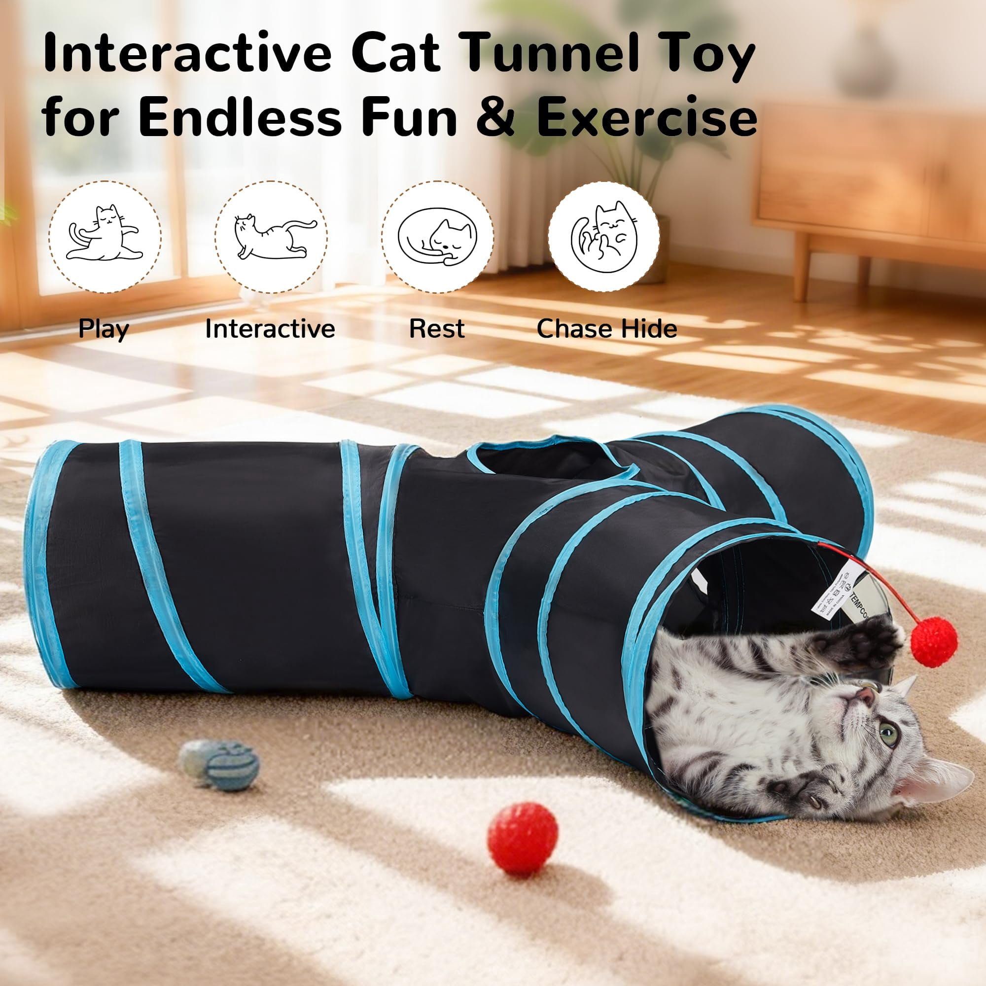 mirlewaiy Pet Cat Tunnel Collapsible Toy, 3-Way Kitty Tunnel with Peek Hole & Ball - Indoor Play Tube for Cats, Kittens, Puppy, Rabbit, Rabbit Rainbow