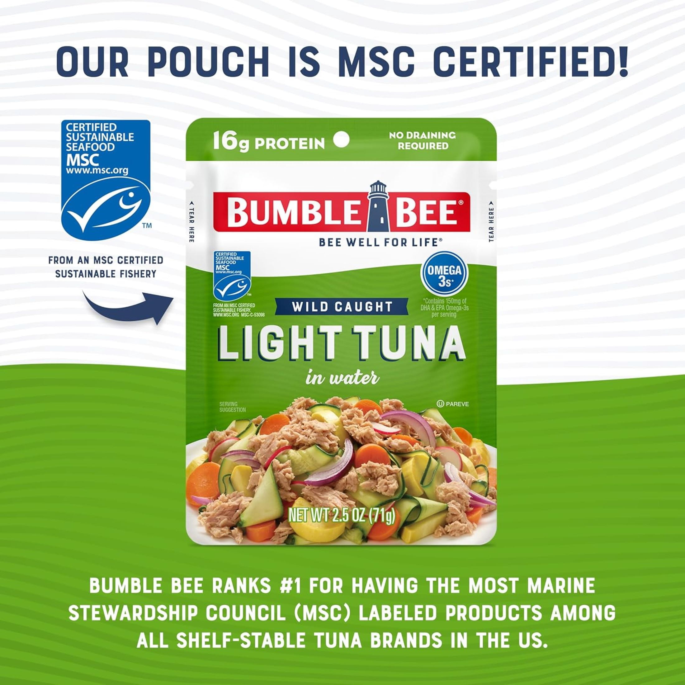 (6 pack) Bumble Bee Light Tuna in Water, Wild Caught, Gluten Free, 16g Protein per Serving, Ready to Eat, Shelf Stable Pouch, 2.5 oz