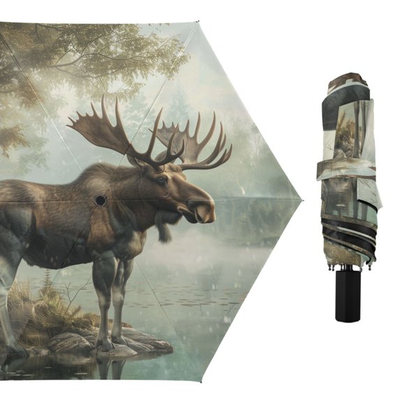 Compact Sun Umbrella Windproof Travel Umbrellas for Rain Strong Portable UV Protection Moose on Misty Lake
