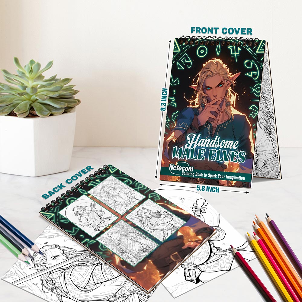 Netecom Handsome Male Elves Coloring Book Spiral Bound for Adults, A5 Wooden Cover, 30 Charming Coloring Pages of Elf Men for Stress Relief and Relaxation