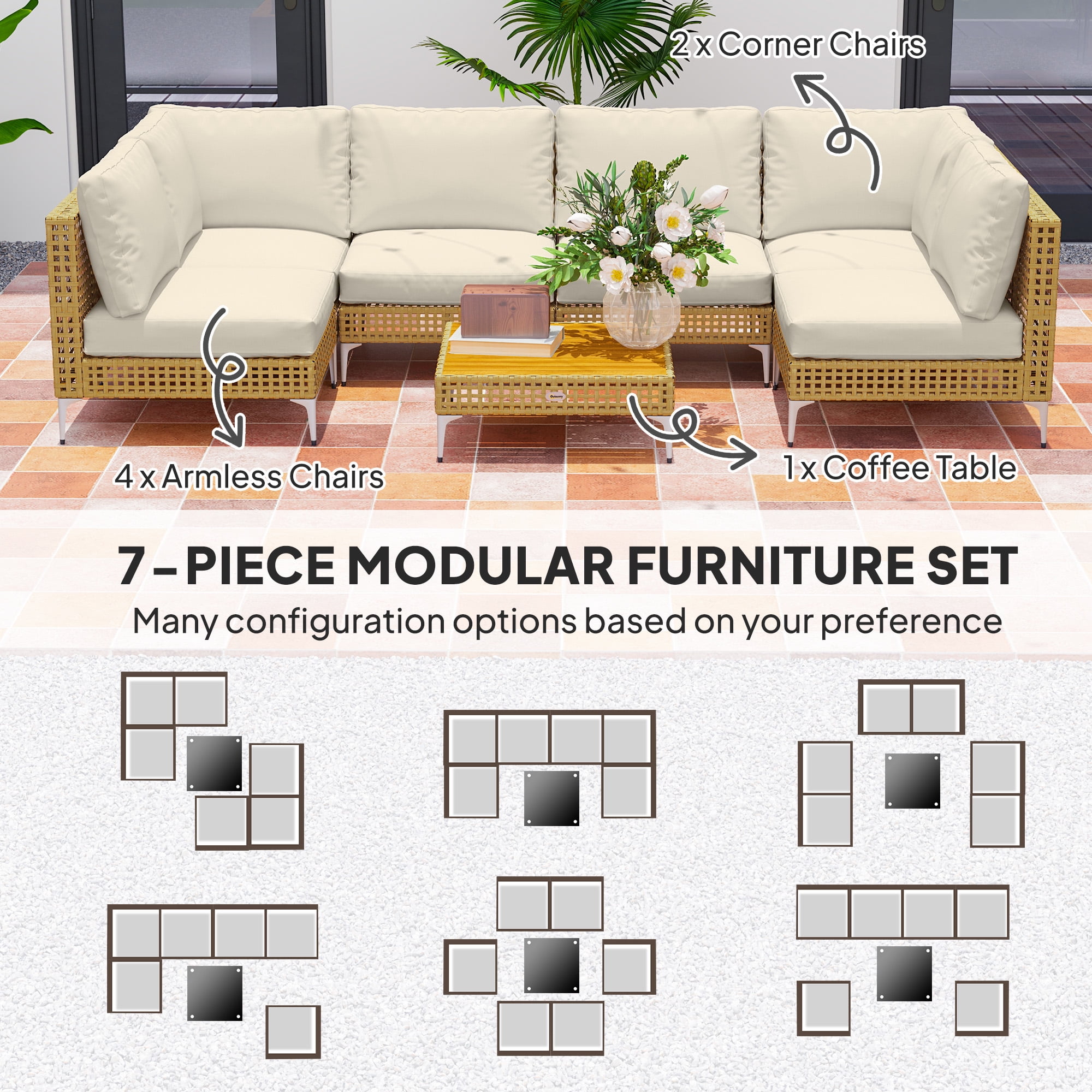 Outsunny 7 Piece Wicker Patio Furniture Set, Modular Outdoor Sectional Conversation Set with Thickened Cushions, Acacia Wood Table, Khaki/Beige