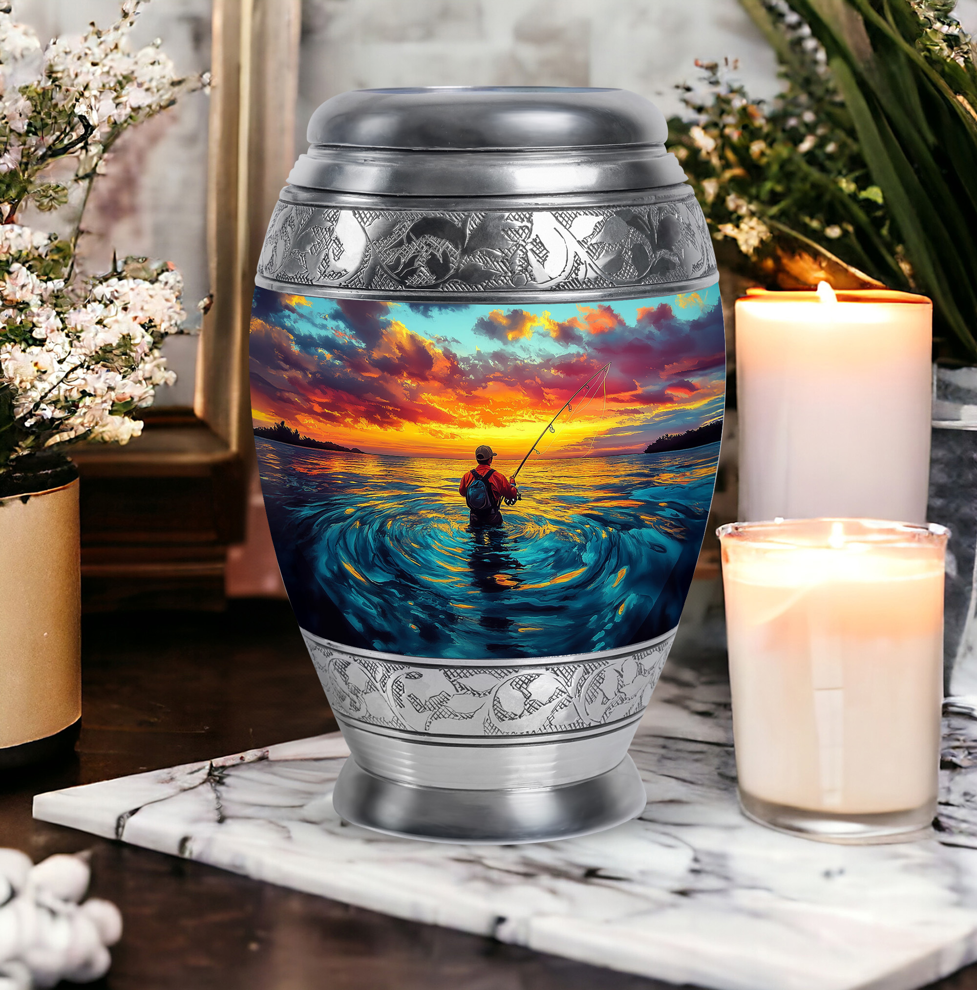 SABURIAL Fishing Urn - Decorative Cremation Urns - Keepsake Urns For Human Ashes Adult Male - Large Burial Urn For Ashes For Women & Men - Combo Of 10 Inch & 3 Inch