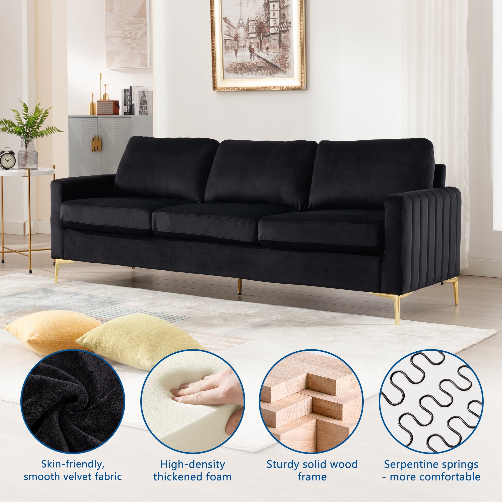 Lunale 85" Velvet Sofa, 3-Seater Deep Seat Cloud Couch, Modern Living Room Furniture, Black