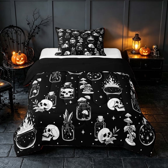 Homewish Halloween Gothic Skull Twin Comforter Sets, Magical Mushroom Bedding Set, Black White, Black Reversible, 2pcs 1 Comforter and 1 Pillowcase