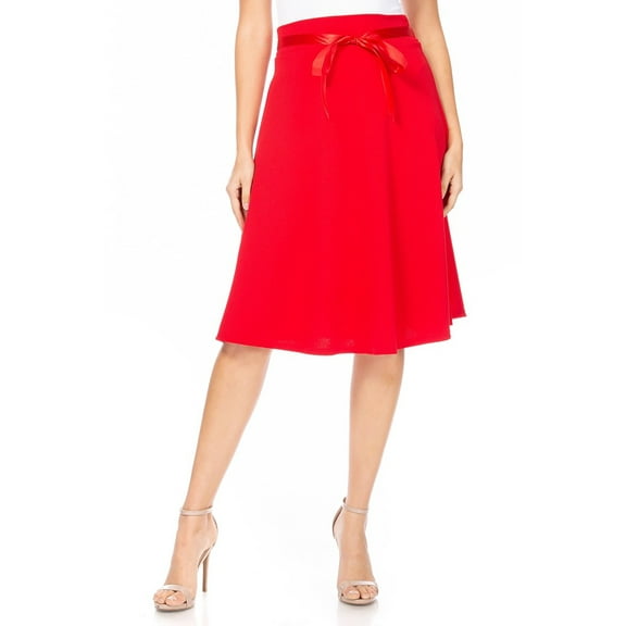 Women's Solid Vintage Casual High Waist Bow Tie Belted A Line Midi Knee Length Skirts