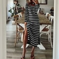 thumbnail image 6 of Lohuatrd Women Fall Spring Dress Striped Color Matching Loose Split Hem V Neck Mid-calf Length Soft Long Sleeve Pullover Oversized Casual Midi Dress, 6 of 8