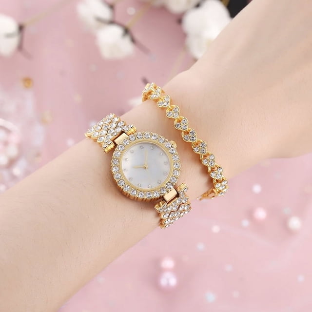 Conjunto de 2 piezas de reloj de mujer, reloj de pulsera para mujer, reloj de moda de tendencia, reloj de cuarzo con diamantes de imitación