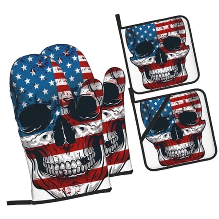 Naloa American Flag Skull Oven Mitts and Pot Holders 4 pcs Set Cooking Baking Grilling Kitchen Oven Glove for Cooking