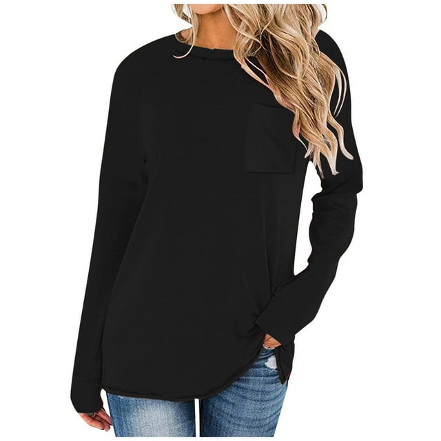 Timegard Womens Tops Crewneck Long Sleeve Drop Shoulder Basic Tee Fall Casual Loose Tops with Pocket