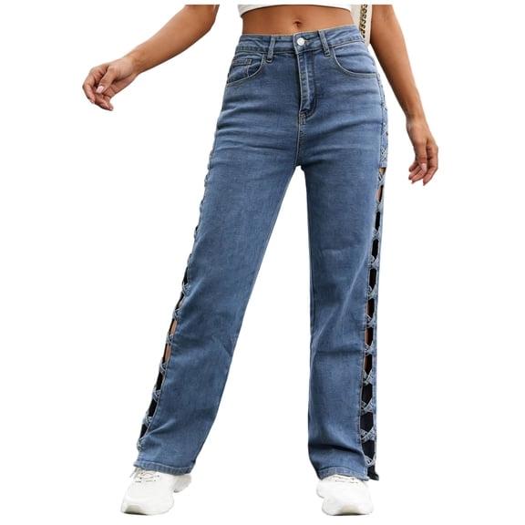 Olyvenn Women's High Waist Cutout Zip Button Jeans, Hollow Out Straight Leg Denim Trousers with Pockets, Outdoor Casual Streetwear Dark Blue XXL