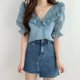 thumbnail image 5 of Top de verano para mujer, estilo con volantes, cuello en V, manga corta abombada, camisa informal elegante y transpirable para mujer, para fiesta, oficina y viaje, 5 of 8