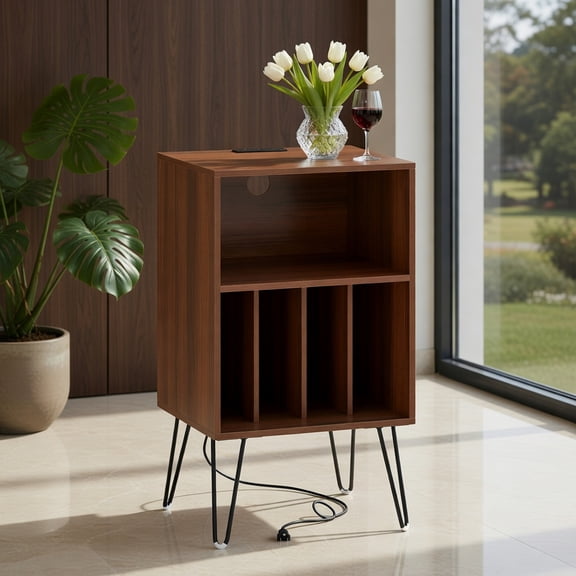 Topcobe Record Player Stand With Charging Station & Vinyl Storage, End Tables Living Room, Modern Furniture for Home-Walnut