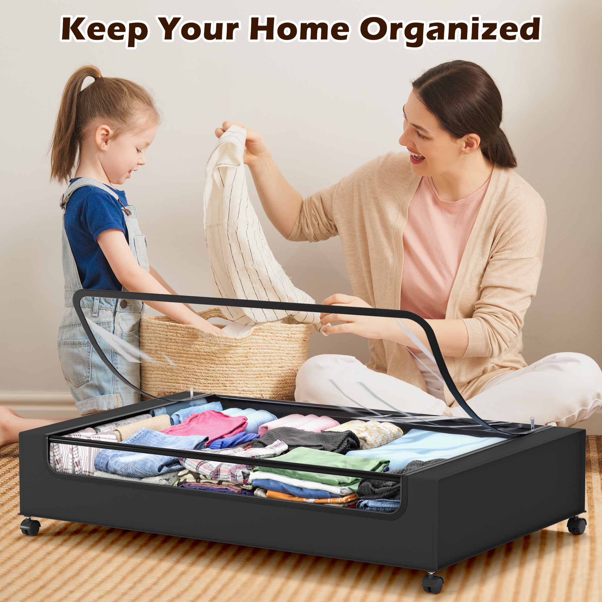YOUPINS XXL 66L Under Bed Storage Bins with Wheels & Clear Lids – Rolling Containers for Clothes, Shoes, Toys, 2-Pack (Black)