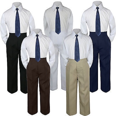 3pc Navy Blue Tie  Suit Shirt Pants Set Baby Boy Toddler Kid Uniform S-7