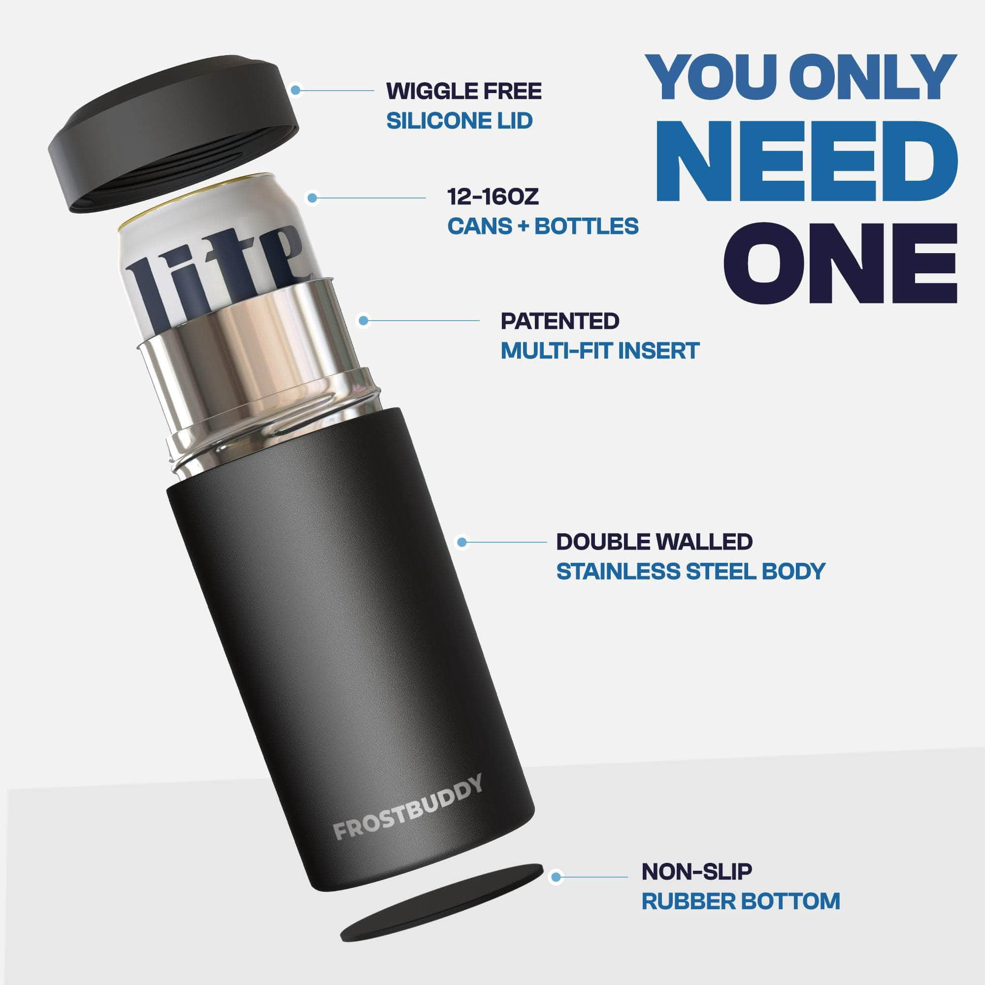 Frost Buddy Universal Can Cooler - Fits all - Stainless Steel Can Cooler for 12 oz & 16 oz Regular or Slim Cans & Bottles - Stainless Steel