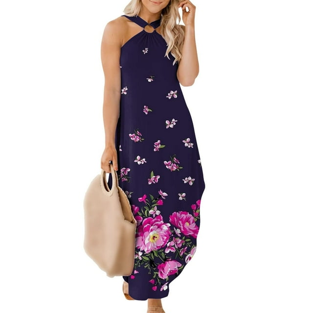 SMihono Robe Maxi Bohème d'Été pour Femmes Grande Taille Robe Maxi Bohème d'Été pour Femmes Robe Décontractée Croisée Sans Manches Fendue Longue Robe de Plage avec Poches Robe de Plage