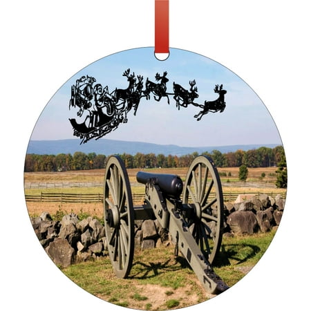 Santa Klaus and Sleigh Riding Over Gettysburg National Military Park Round Shaped Flat Semigloss Aluminum Christmas Ornament Tree Decoration - Unique Modern Novelty Tree Décor