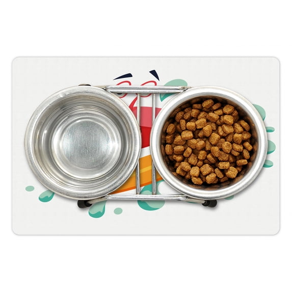 Ride the Wave Pet Mat for Food and Water, Caricature Crab Surfing in the Sea Sports Adventure Illustration, Non-Slip Rubber Mat for Dogs and Cats, 18" X 12", by Ambesonne