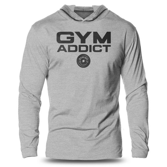 GYMISH "IRON ADDICT" Lightweight Long Sleeve Hooded T-Shirt for Men – Funny Gym Hoodie, Bodybuilding & Fitness Training Shirt