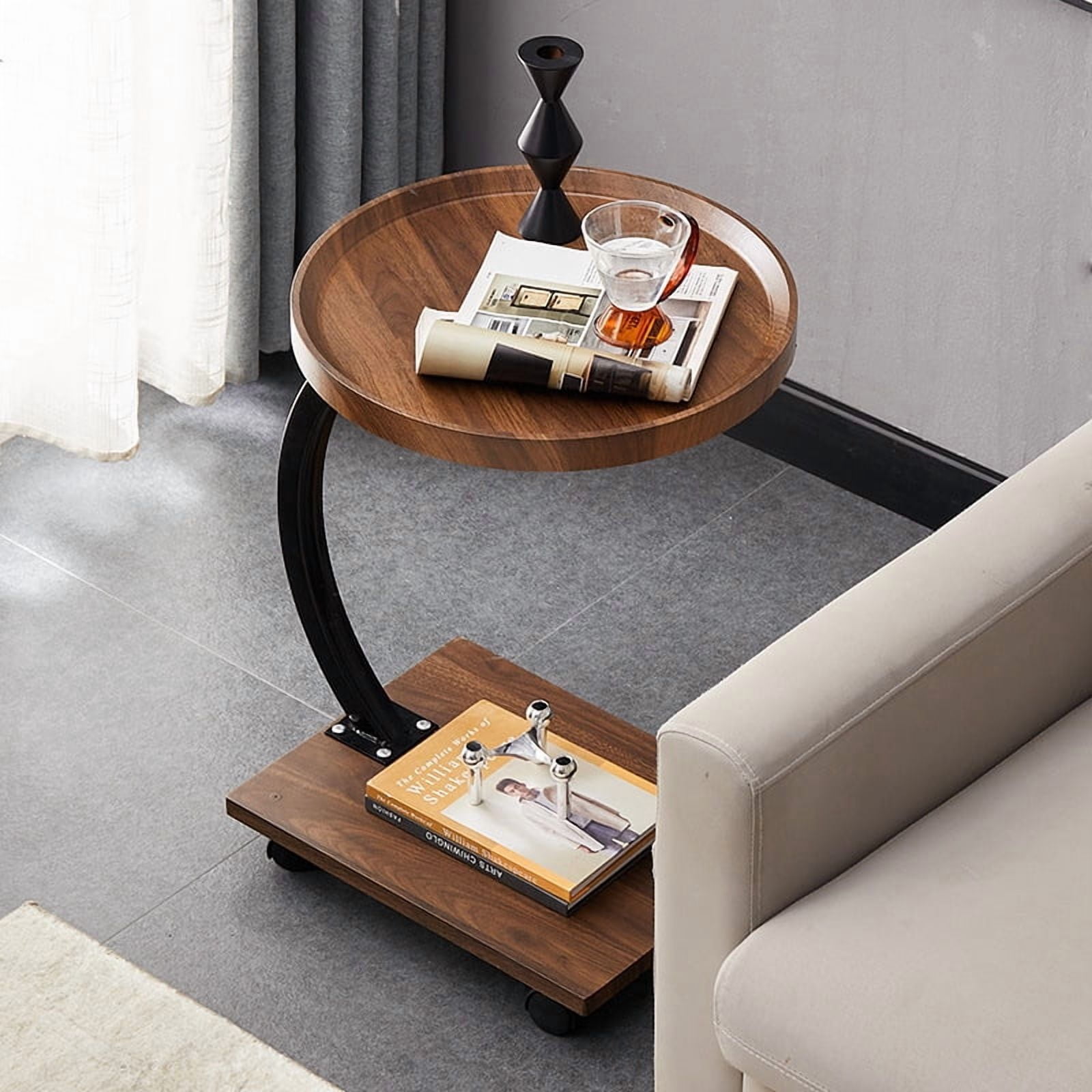 C Shaped Side End Table - with Rolling Wheels, Walnut Finish Movable Round Tea Table for Couch, Bed, Sofa Side