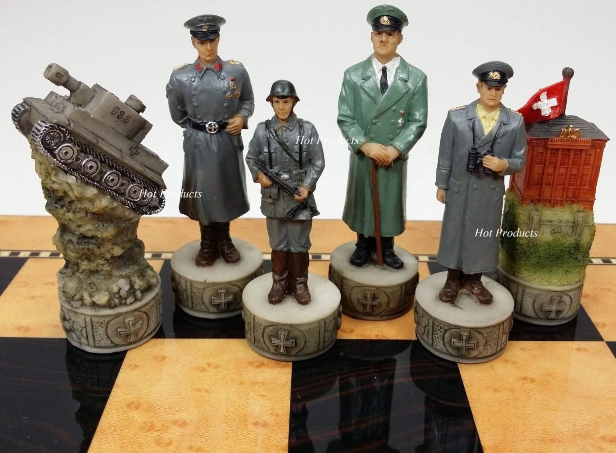 WW2 US GERMANY Chess Set W/ 15" WALNUT  BIRDSEYE MAPLE COLOR BOARD World War 2