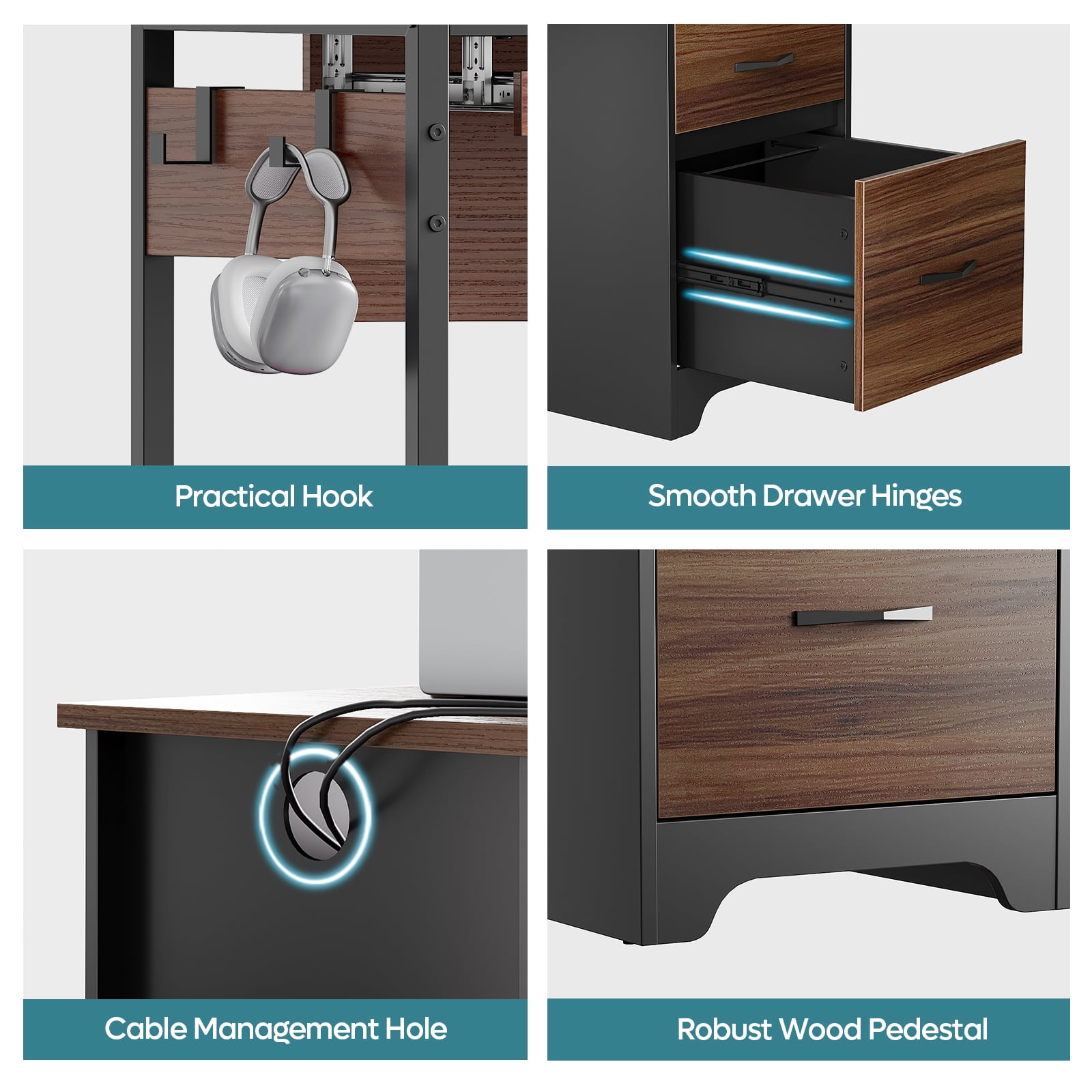 Bestier 48” Office Desk with Drawers, Computer Writing Desk with Keyboard Tray & 2 Hooks for Home Office, Cherry