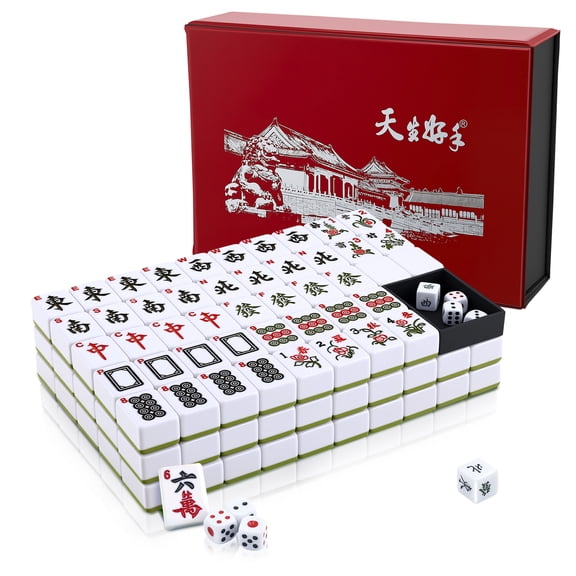 Doulami Chinese Mahjong Set with Numbers and English Letters, 144 Tiles Portable Mahjong Game with Red Leather Gift Box, 4 Dice, Instruction Manual, Classic Board Game for Beginners and Adults