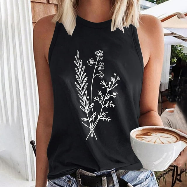 Sentmoon Hauts Grande Taille pour Femmes Col Rond Débardeurs pour Femmes Coupe Ample Imprimé Floral Sans Manches Tenues de Printemps 2025 Été Décontracté Femmes pour Brunch de Fin de Semaine Noir P