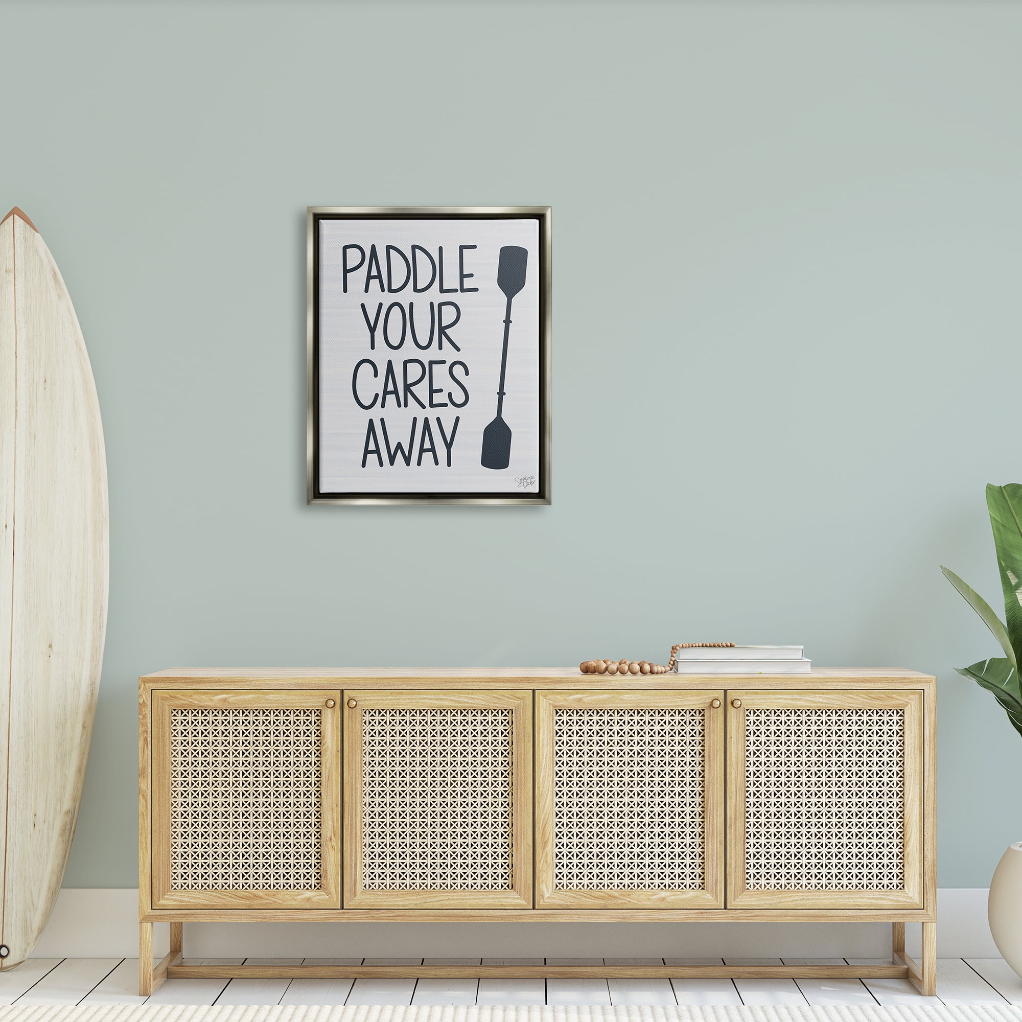 Stupell Paddle Your Cares Away Boating Phrase Landscape Painting Gray Floater Framed Art Print Wall Art