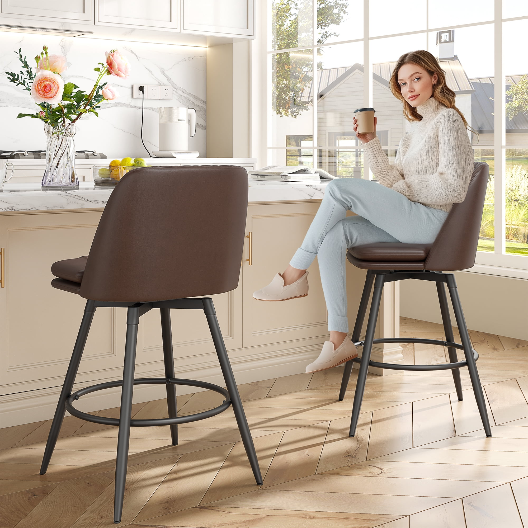 LainTene Swivel Bar Chairs Set of 6, 26-Inch Counter Height Stools with Faux Leather Seats, Footrest & Backrest – Ideal for Kitchen Island or Bar